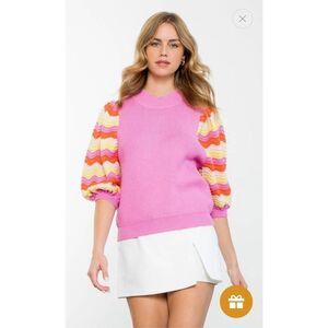 Anthropologie THML Rib Knit Mid Puff Sleeve Sweater XS Sherbet Coachella